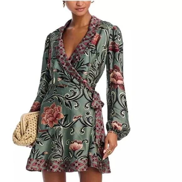 FARM Rio Dresses & Skirts - [Farm Rio] Green Arabesque Floral Long Sleeve Wrap Mini Dress NWT Size Large L